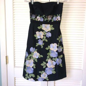 Ann Taylor Loft Embroidered Floral A Line Strapless Party Dress Size 2P Black